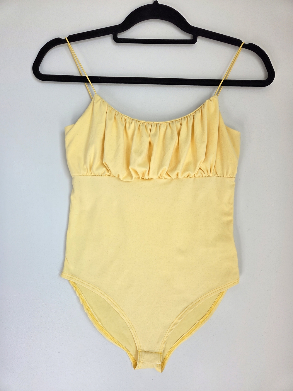 Gaze Pale Yellow Tank Top Bodysuit Size S Ruched Bustline Spaghetti Strap